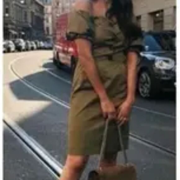 Zara Woman Off-the-Shoulder Poof Sleeve Green Button Detail Dress Size S - Picture 16 of 16